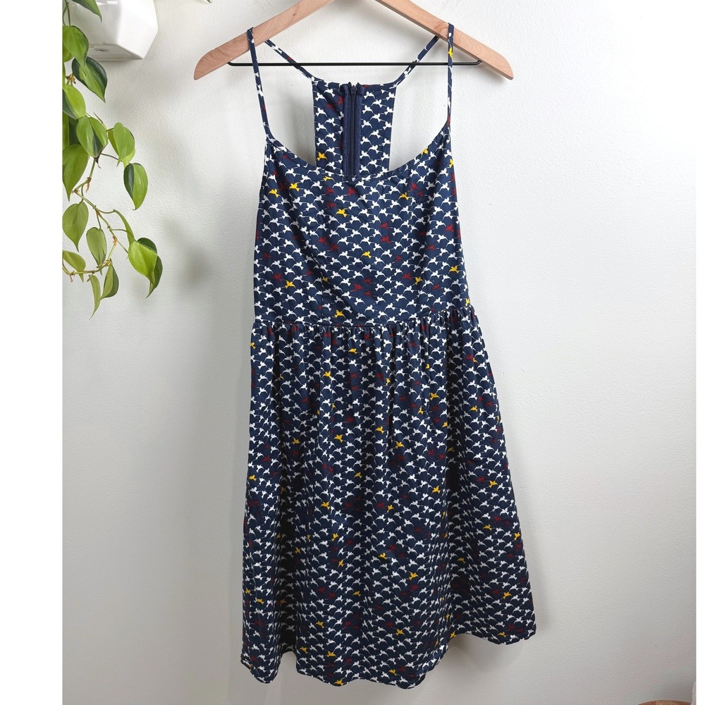 Liza Luxe ModCloth Navy Blue Bird Print Cotton Racerback Mini Dress Size M Retro